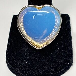 Silver Tone Blue Opalite Heart Ring Openwork Band Size 7